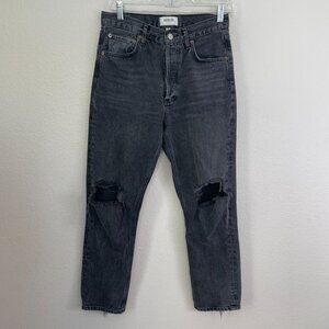 Agolde Womens 26 Riley High Rise Loose Fit Black Ripped Jeans Distressed Button‎